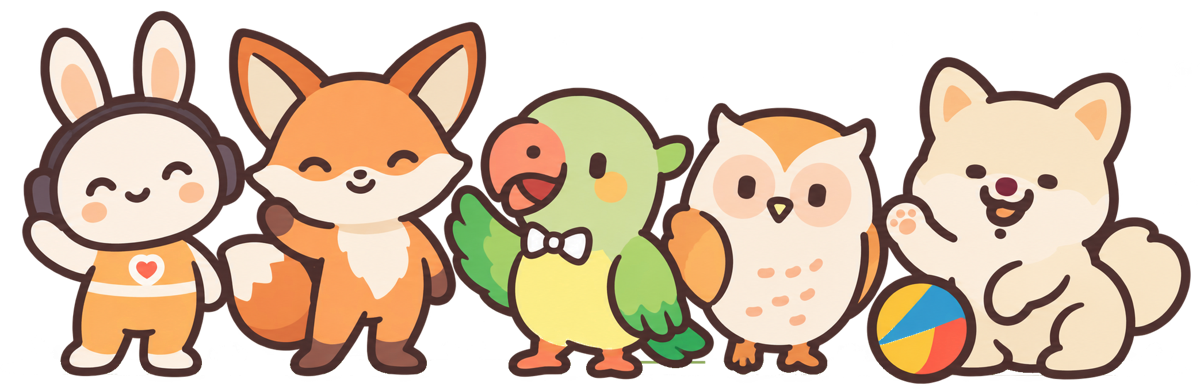 Riley、Foxy、Percy、貓頭鷹、Dobby 一起揮手